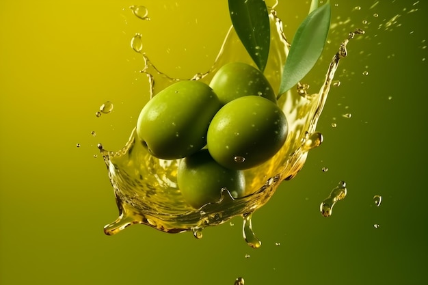 Verse groene olijven vliegen met waterspatten op felle kleur achtergrond