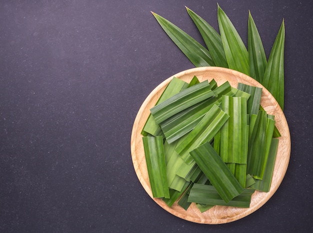 Verse groene Pandan-Bladeren op de zwarte achtergrond van de steenraad. Bovenaanzicht