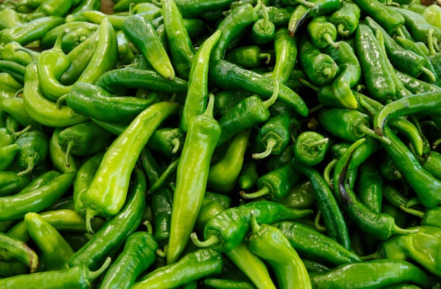 Verse groene paprika's genaamd friggitelli op een boerenmarkt