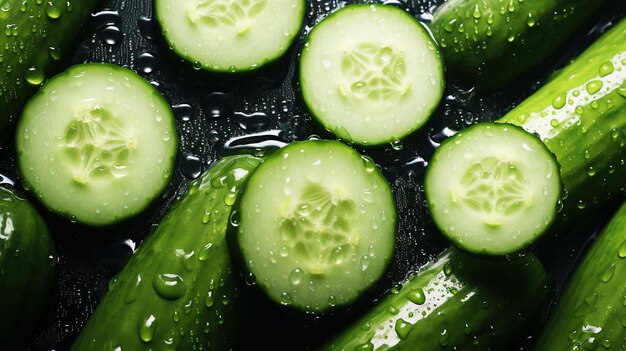 Foto verse groene plakjes komkommer met waterdruppels achtergrond groenten achtergrond generatieve ai