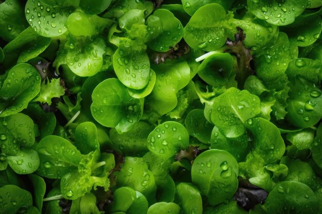 Verse groene salade naadloze achtergrond versierd met glinsterende druppeltjes water AI gegenereerd