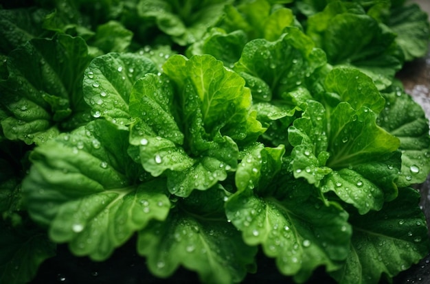 verse groene sla met waterdruppels in moestuin gezond voedselconcept