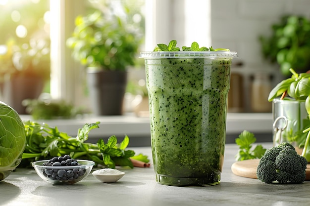 Verse groene smoothie te midden van gezonde ingrediënten op de keukentafel