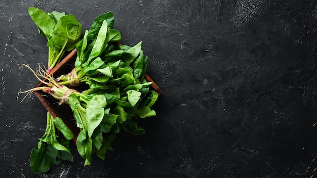 Verse groene spinazie op een zwarte stenen tafel Bovenaanzicht Vrije ruimte voor uw tekst