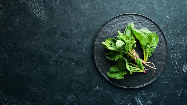 Verse groene spinazie op een zwarte stenen tafel Bovenaanzicht Vrije ruimte voor uw tekst