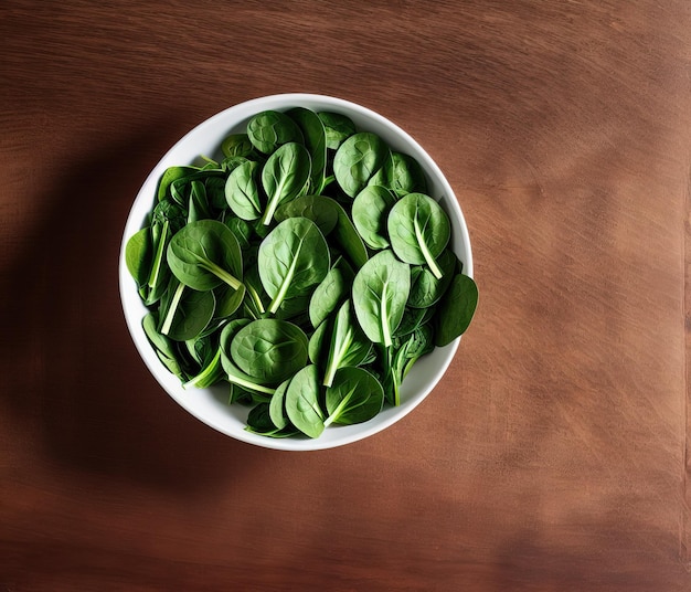 verse groene spinazieblaadjes op een houten bovenaanzicht als achtergrond