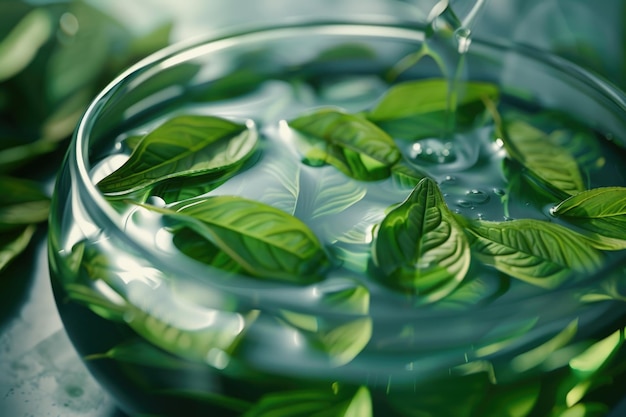 Verse groene thee met theeblaadjes in het water