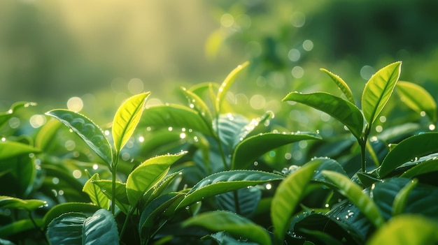 Verse groene theeblaadjes op een wazige plantage heuvelside ochtenddauw