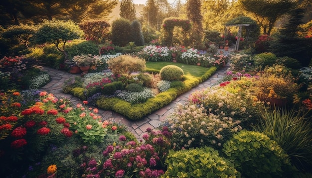 Foto verse groene weiden bloeien met paarse tulpen in een formele tuin gegenereerd door kunstmatige intelligentie