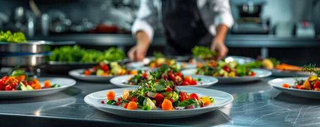 Verse groente salade bereid op tafel in een professionele keuken