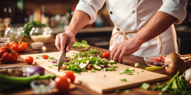 Verse groente salade bereiding Een professionele kok snijdt met de handen biologische ingrediënten op een houten snijplank in een keuken