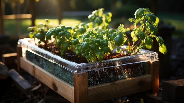 Verse groente spruiten in het zonlicht op een houten tafel