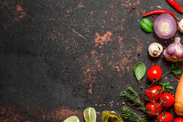 Verse groenten, champignons, specerijen en kruiden op zwarte stenen tafel