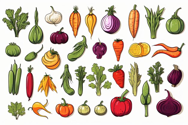 Verse groenten doodle lijn kunst icoon set en Hand getekend gezonde voeding clipart illustratie op witte achtergrond
