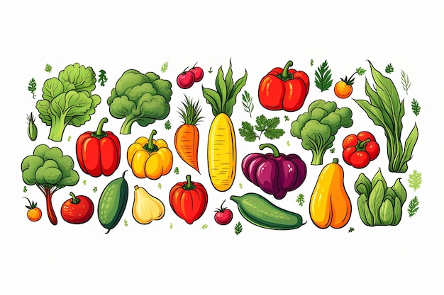 Foto verse groenten doodle lijn kunst icoon set en hand getekend gezonde voeding clipart illustratie op witte achtergrond