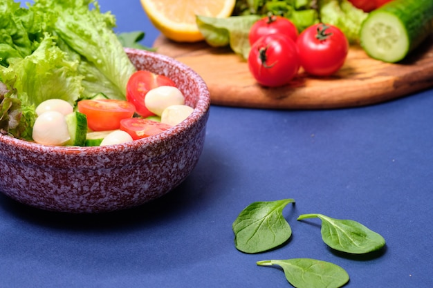 Verse groenten en een kom salade met mozzarella op een blauwe achtergrond. Caprese salade . Sla, kerstomaten, mozzarella,