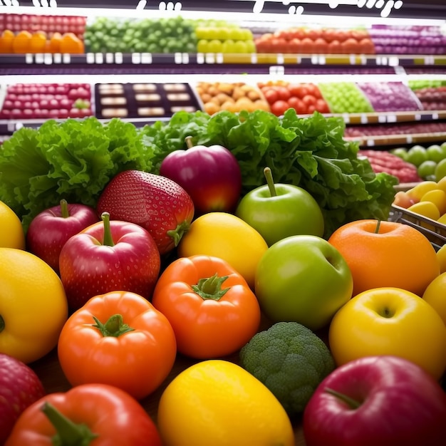 Verse groenten en fruit op de plank in de supermarkt Generatieve AI