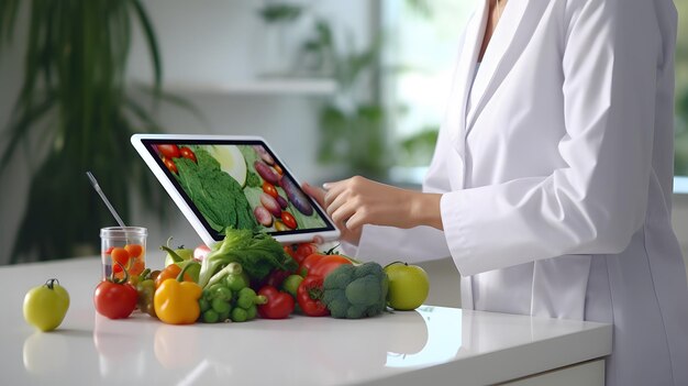 Foto verse groenten en fruit op het bureau met voedingsdeskundige vrouwelijke arts die in het kantoor van het ziekenhuis werkt