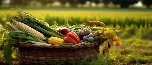 Verse groenten en gemengde gekleurde groenten in een grote mand in veldgroene planten
