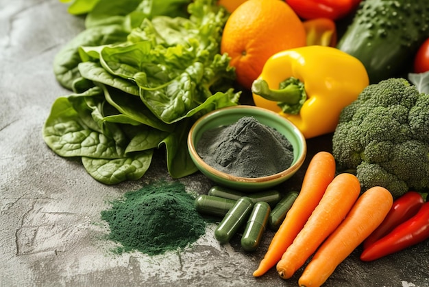 Verse groenten gerangschikt naast spirulina tabletten en poeder opname van superfoods in een bal