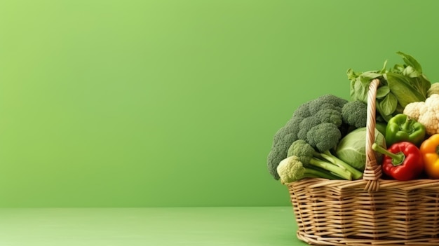 Verse groenten in een mand op een groene achtergrond Kopieer ruimte Generatieve AI