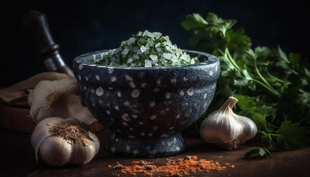 Verse groenten, kruiden en specerijen sieren zelfgemaakte salade gegenereerd door AI