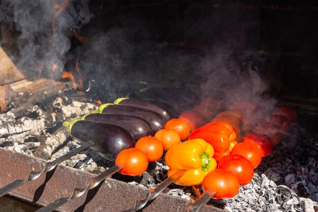 Verse groenten op de grill om te koken op een metalen spies