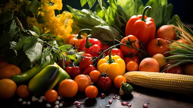 Verse groenten op de grond met tomaten en groene planten in een tuin