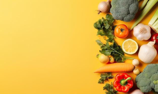 Verse groenten op gele achtergrond Bovenaanzicht Kopieerruimte Koken ingrediënt wortel tomaten komkommer peper broccoli ui Vegetarisch biologisch voedsel banner Gemaakt met generatieve AI-tools