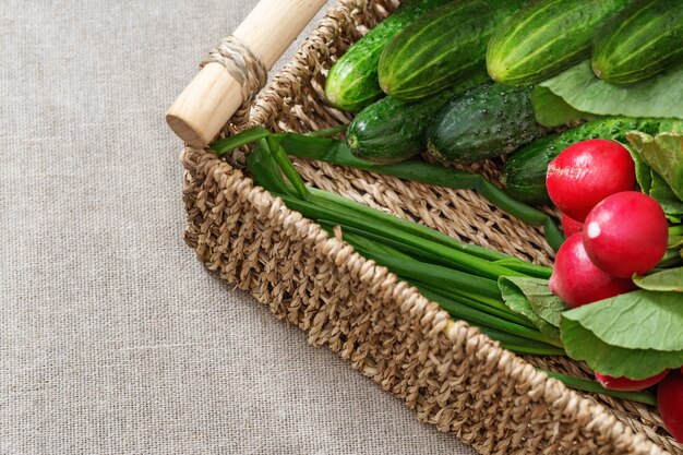 Verse groentenradijzen, komkommers, groene uien voor salade in vak op tafel. Gezond eten. Kopieer ruimte.