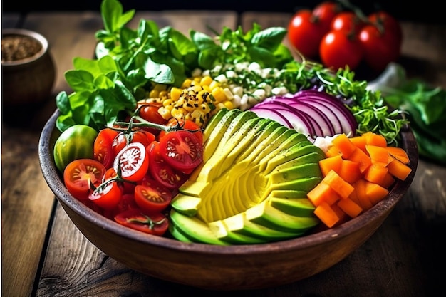 Verse groentensalade met avocado, tomaten, maïs, ui, komkommer en andere groenten