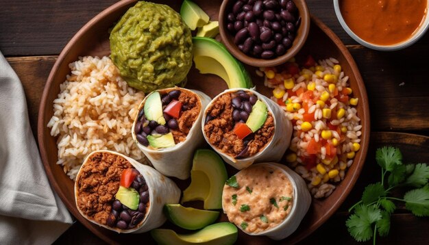 Verse guacamole en taco's van rundvlees op platbrood gegenereerd door AI