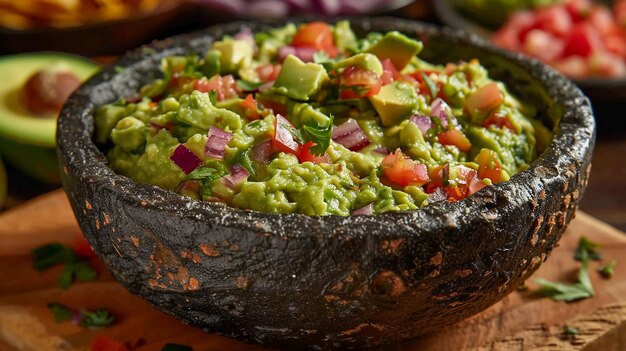 Foto verse guacamole in rustic molcajete bowl met rijpe avocado tomaten limoen en cilantro ai gegenereerd