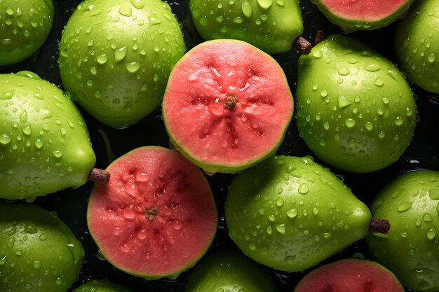 Verse guavevruchten naadloze achtergrond zichtbare druppels water bovenhoek