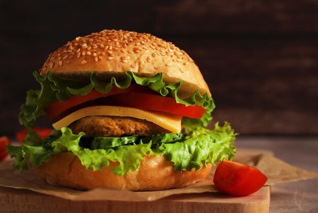 Verse hamburger met kotelet komkommer tomaat en salade op een houten bord en donkere achtergrond