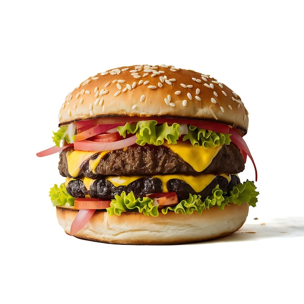 Verse hamburger met rundvlees en kaas perfect vastgelegd op een witte achtergrond