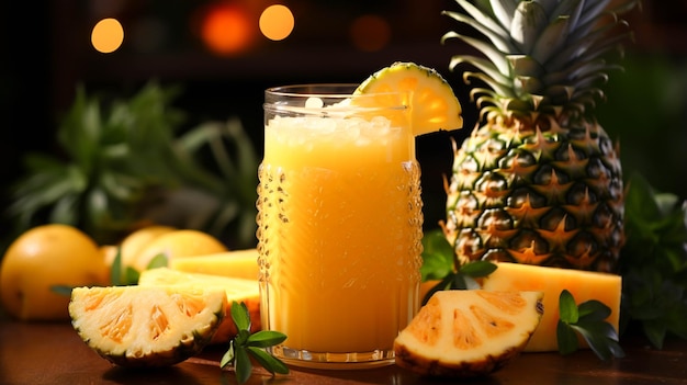 Verse heerlijke ananassap smoothie koud drankje in glazen beker
