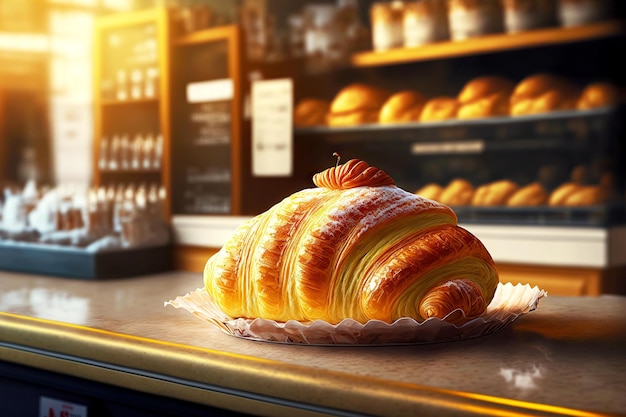 Verse heerlijke Franse croissant op de toonbank in de bakkerij