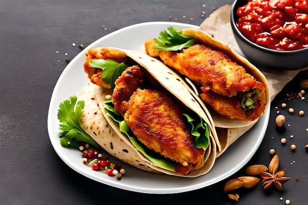 Foto verse hot chicken tenders wrap roll met rondvliegende ingrediënten en kruiden heet klaar om te serveren