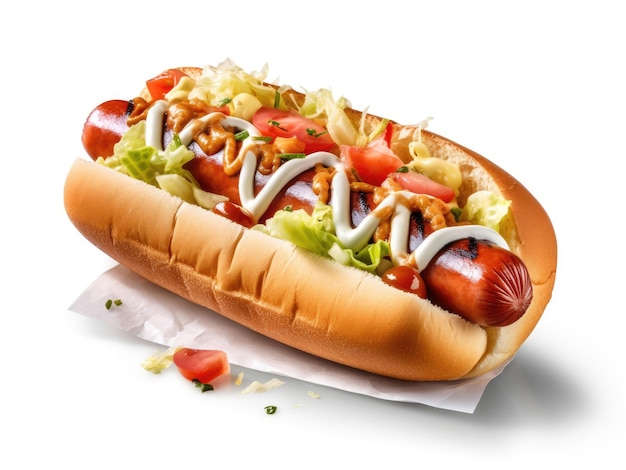 Verse hotdog met sauzen mayonaise ketchup en mosterd en kool geïsoleerd op een witte achtergrond