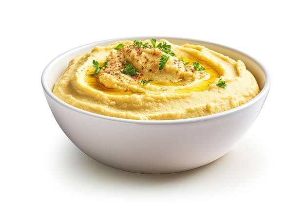 Verse hummus in een kom witte achtergrond