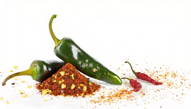 Verse jalapeno pepers en chipotle chili flakes op witte achtergrond met kopieerruimte