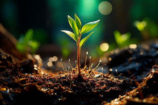 Verse jonge groene spruiten met jonge spruiten in het ochtendzonlicht