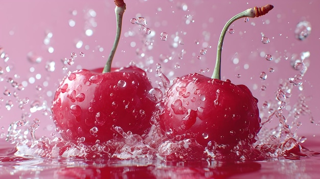 Verse kersen spatten in water met een dynamische beweging tegen een roze achtergrond, levendige zomerfruitcompositie AI