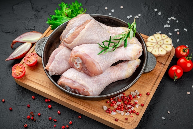 Verse kip drumsticks benen met ingrediënten voor het koken in een koekenpan