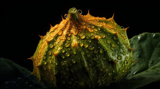 Verse kiwano met waterspatten en druppels op zwarte achtergrond