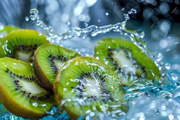 Verse kiwi-vruchten gesneden in water met druppels levendig gezond voedsel achtergrond