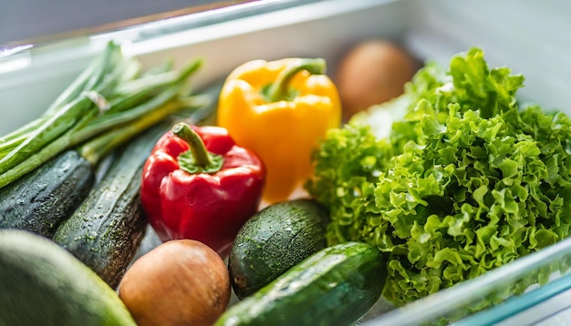 Foto verse kleurrijke groenten die gezondheid, versheid en keukenbereidheid tonen in de koelkast.