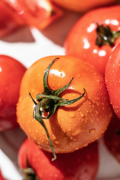 Verse kleurrijke tomaten rood geel oranje close-up met druppels en harde schaduwen