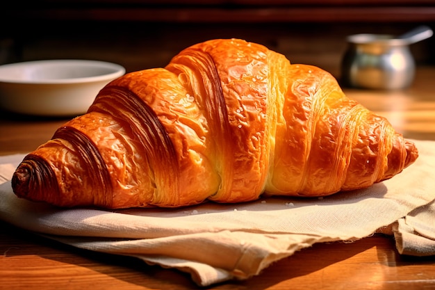 Verse knapperige croissant met een kopje koffie op een houten tafel Snel ontbijt AI gegenereerd